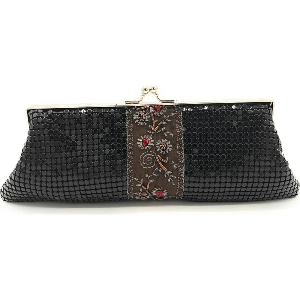 ⚡ Women's Black Embroidered Floral Pattern Metal Kiss Lock Evening Clutch Bag